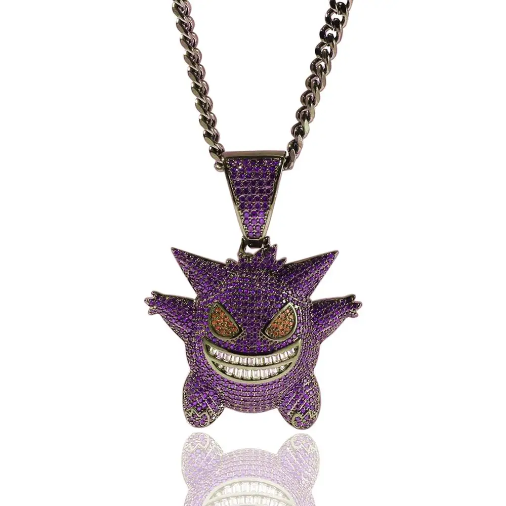 Инкрустированное цирконием золото серебро синий фиолетовый Забавный Gengar ожерелье животное аниме подвеска «эльф» мужские хип-хоп ювелирные изделия - Окраска металла: Purple