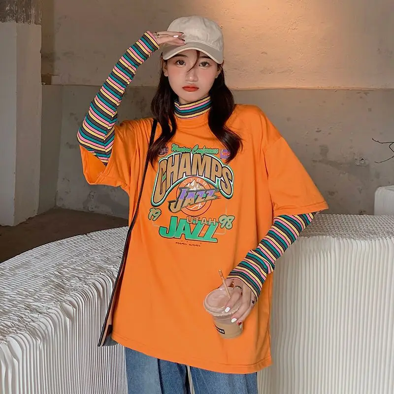 

t-shirts women Fake two-piece long-sleeved Pullover Oversized hoodless spring summer Sweatshirts loose Harajuku woman clothes
