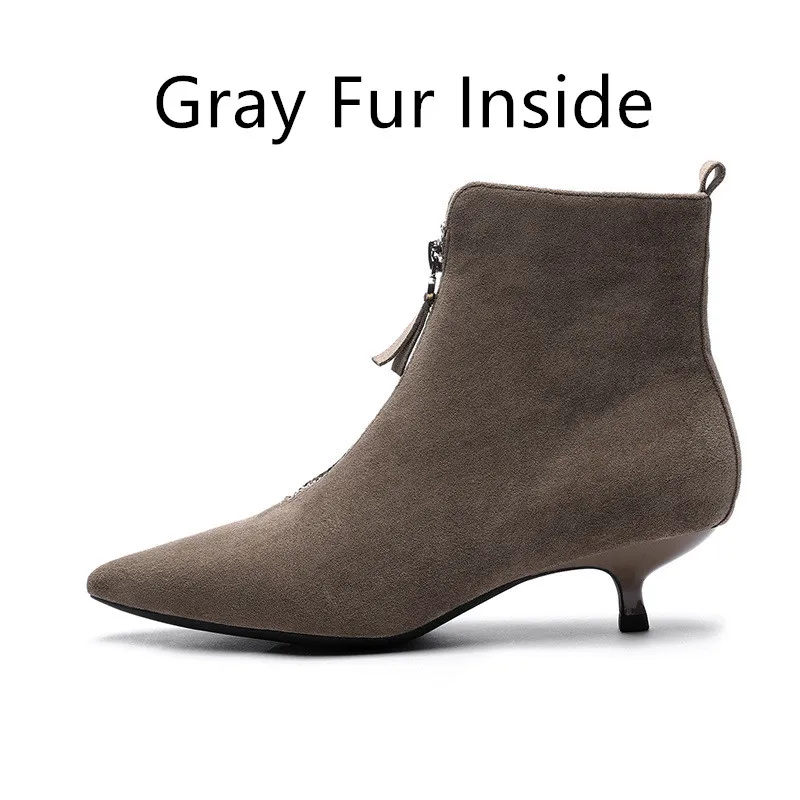Gray Fur 2 Черные зимние ботинки; коллекция года; женская обувь; женские ботильоны на молнии; ботильоны для женщин из флока на высоком каблуке с острым носком; Mujer - Цвет: Gray Fur 2