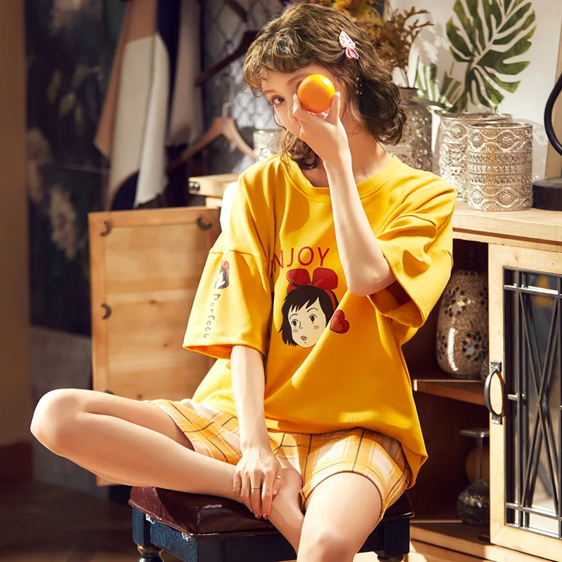 Летний хлопковый свободный комплект с коротким рукавом и мультяшным принтом