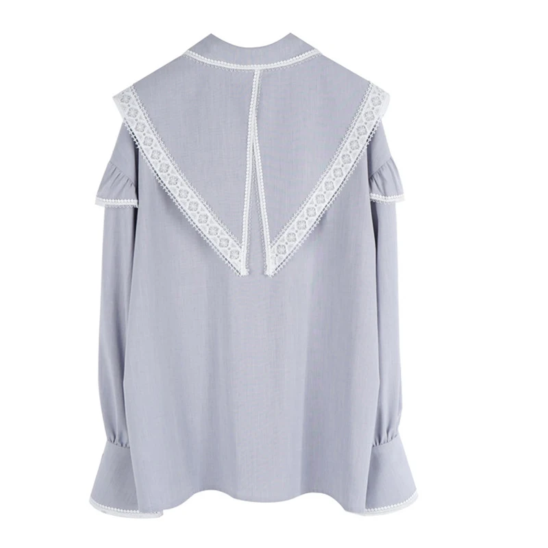 

LANMREM Women Light Purple Large Size Lace Ruffles Blouse New Double Collar Lapel Long Sleeve Shirt Fashion Spring Autumn 2E1045