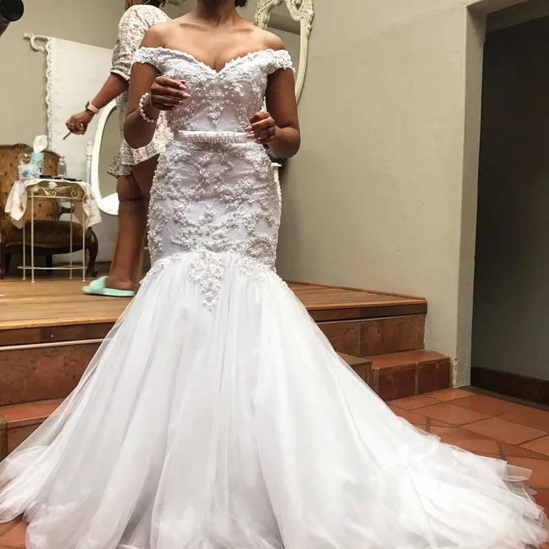 Кружевное Свадебное платье русалки с жемчужным поясом|Свадебные платья| |
