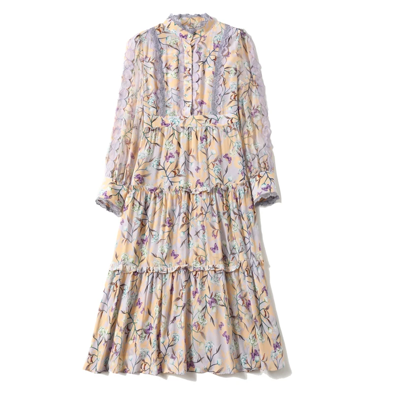 

100% Natural Silk Women's Dresses Stand Collar Long Sleeves Embroidery Lace Patchwork Printed Fashion Dress Vestidos