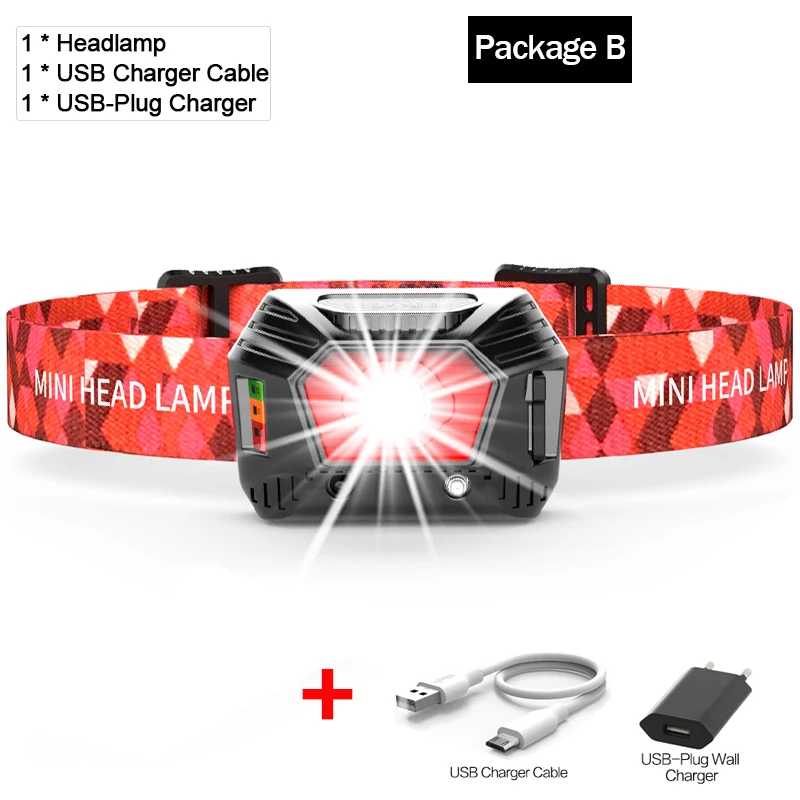 Package B 3200LM датчик движения тела самая мощная фара светодиодный головной светильник USB Перезаряжаемый головной светильник лампа для рыбалки кемпинга охоты - Испускаемый цвет: Package B