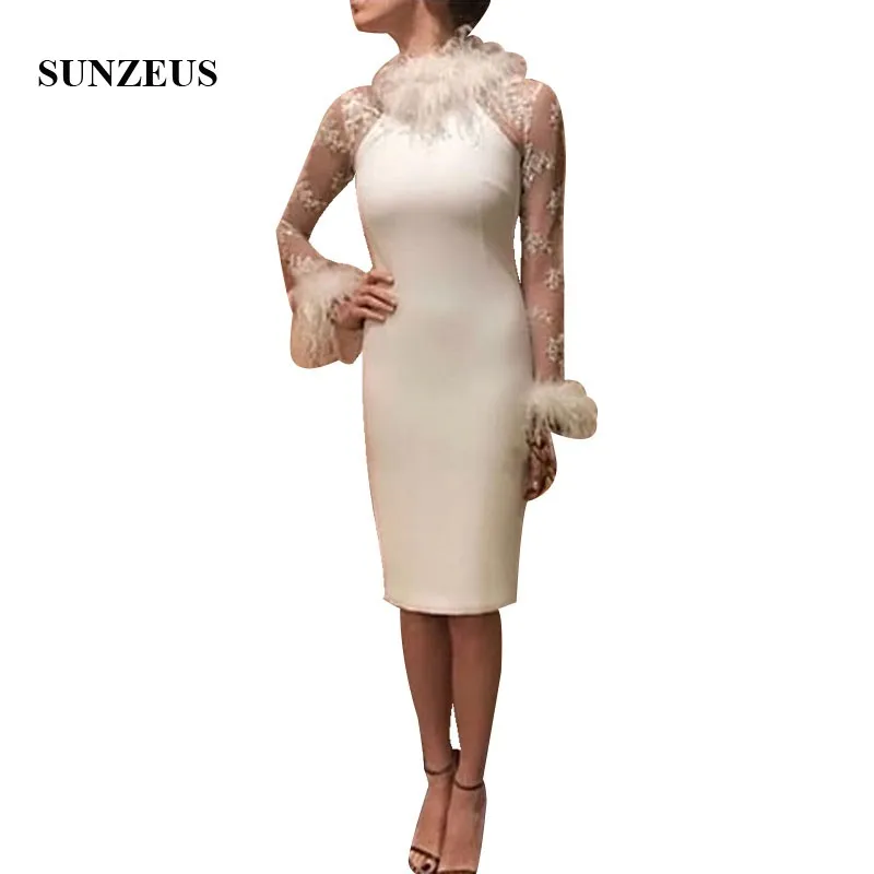 

Женское кружевное вечернее платье с перьями, длинным рукавом и высоким воротом