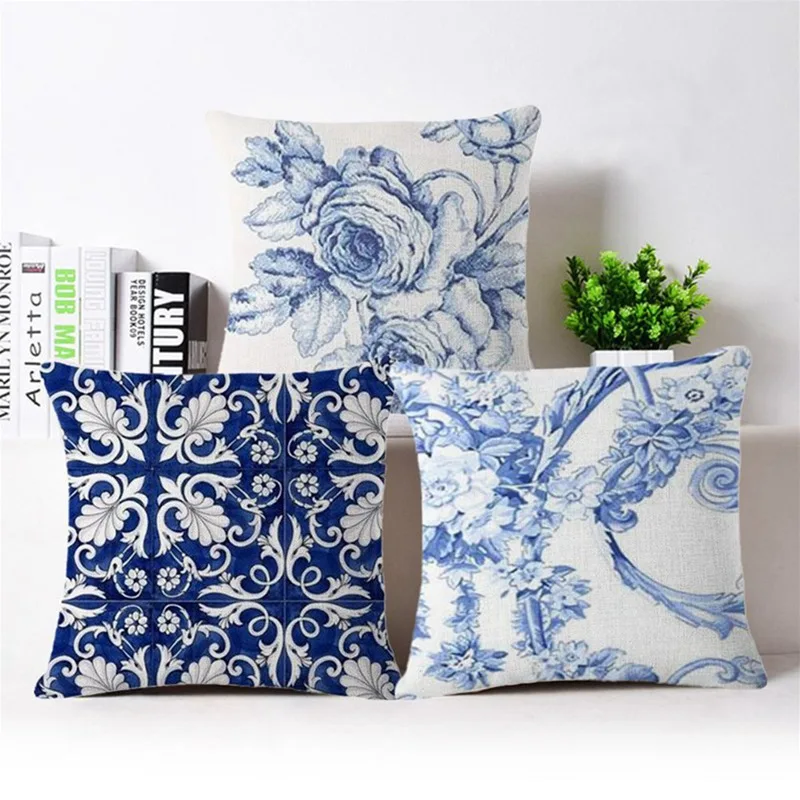 

Vintage Cushion Covers Blue White Printed Linen Cushion Cover High Quality Sofa Bedding Decorative Throw Pillow Cases
