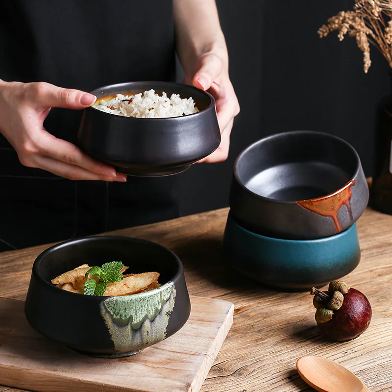 

Японская характерная керамическая чаша, черная одинарная чаша для риса и супа, миска для салата, высокая миска, столовая посуда для ресторан...
