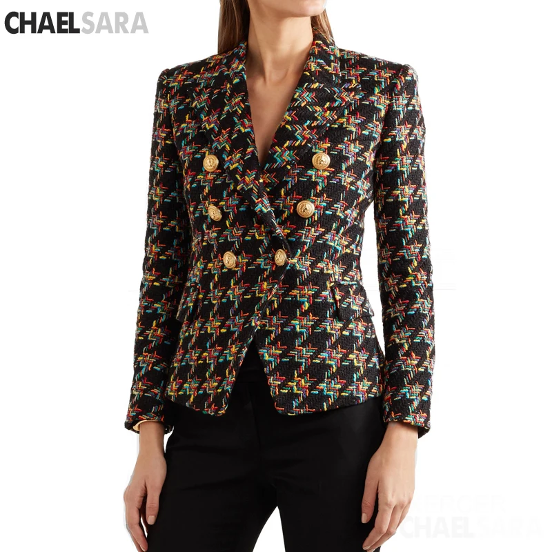 Женский дизайнерский шерстяной Блейзер элегантный двубортный клетчатый