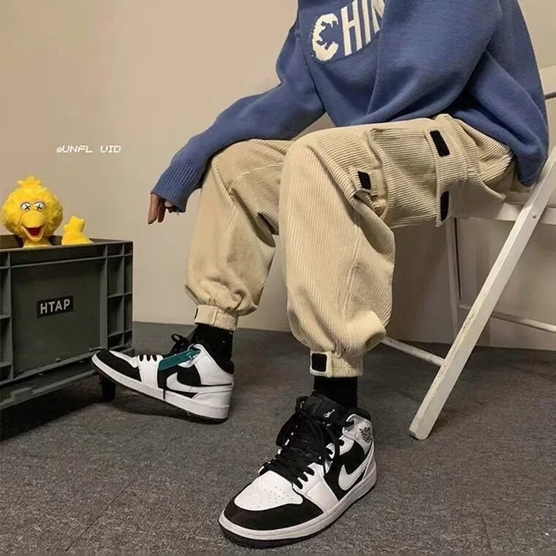 

HOUZHOU Corduroy Pants Men Streetwear Black Cargo Pants Man Joggers Hip Hop Cargo Man Trousers Khaki Gray Jogging Pocket Korean