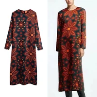 za women mid calf dress 2021 spring autumn floral printed straight long sleeve elegant party dress o neck beach style outfits