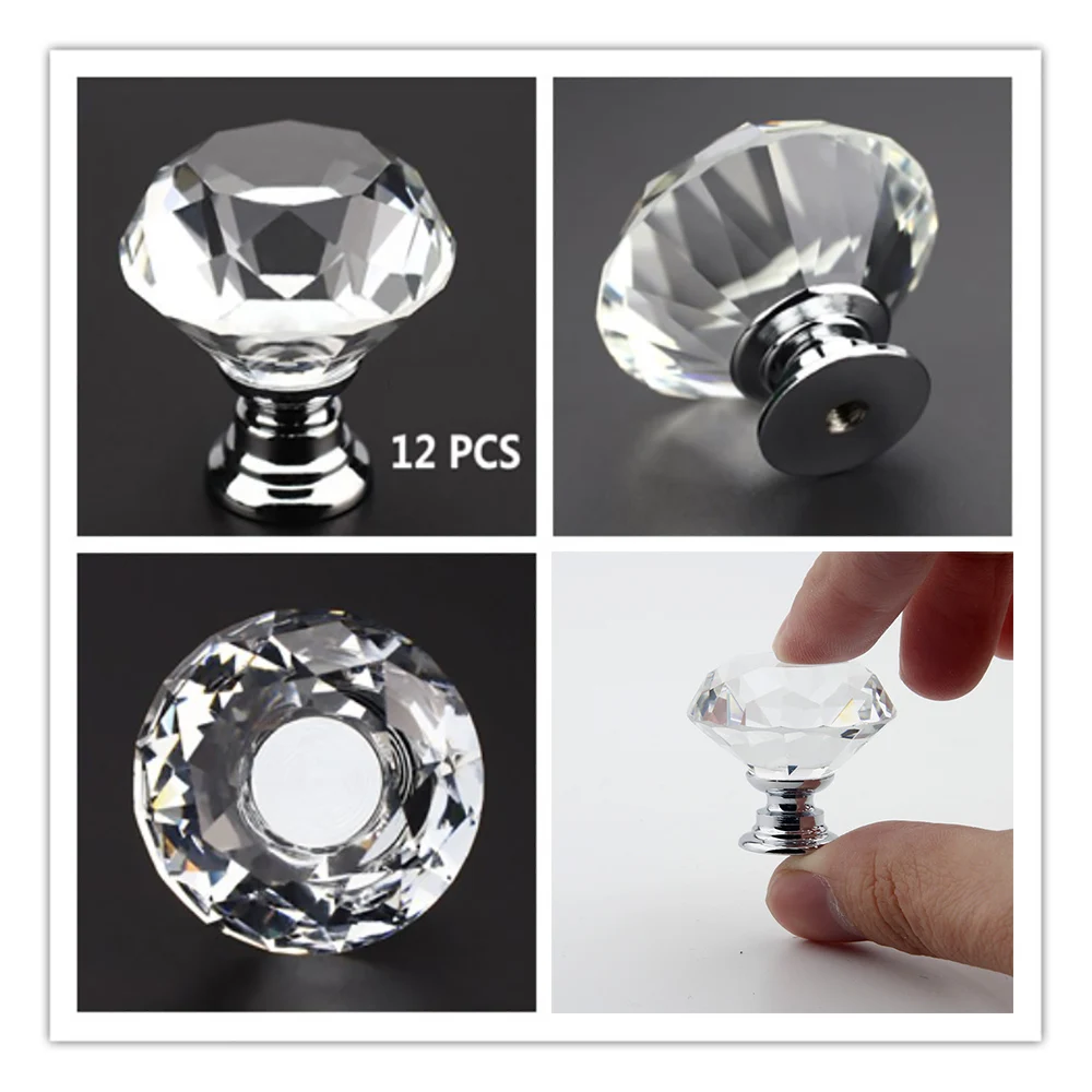 12 шт алмазные Форма дизайн с украшением в виде кристаллов Стекло ручка шкаф ручки