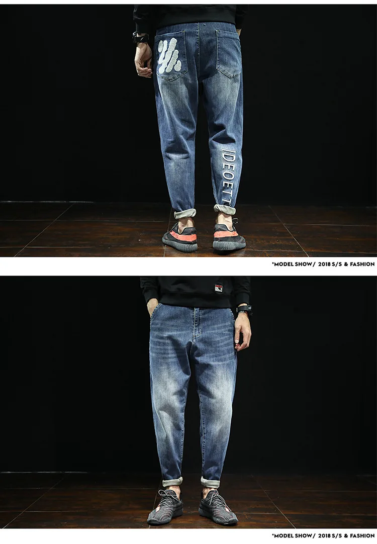 Black Blue Japanese Streetwear Ripped Jeans For Men Size 42 Loose Fashion Casual Joggers Jeans Man Letter Patchwork Autumn