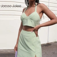 jocoo jolee women summer sexy sweet plaid halter v neck tank top and high waist split skinny mini skirt two pieces sets
