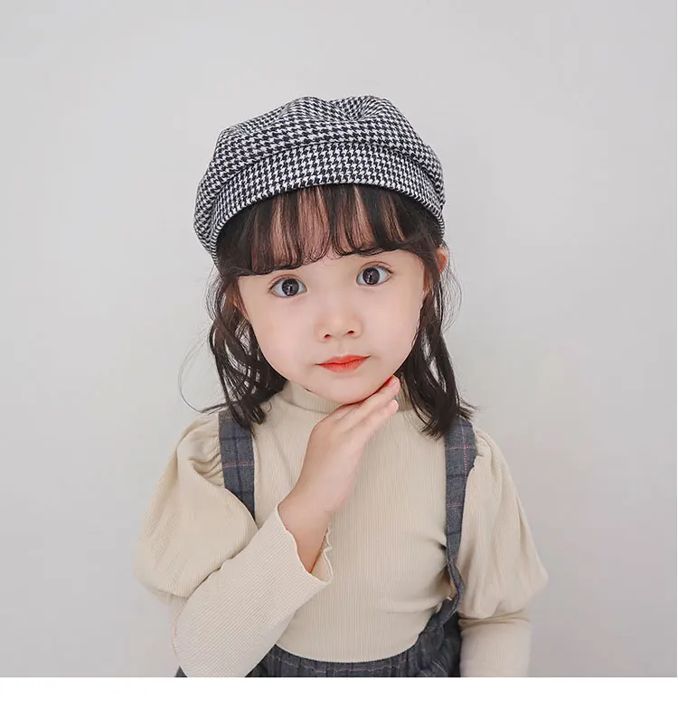 Designer Plaid Beret Hat for Kids Boys Brimless Artist Cap Baby Girls Autumn Flap Top French Hair Berat for 3-7 years old