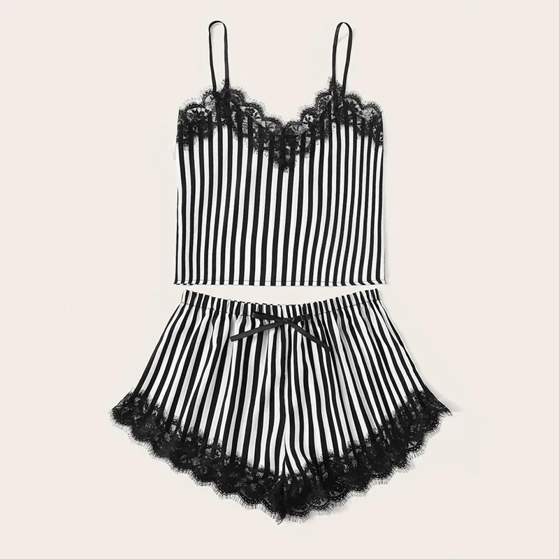 

Lace Trim Satin Cami And Striped Shorts Pajama Set Women Sexy Lingerie Set 2021 Summer Nightgown Ladies Sleepwear Fast Delivery