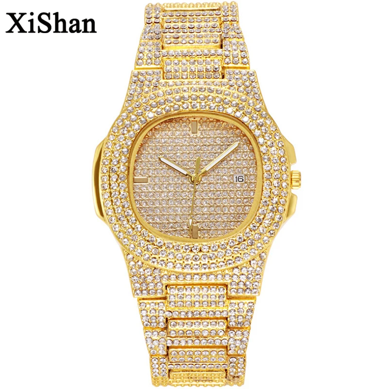 

Xishan Gypsophila Steel Band Couple Watch for Women Men Hip Hop Watch Full Out Zircon Calendar Quartz Watch Birthday Gift