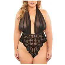 Hot Erotic Lingerie Plus Size Sexy Underwear Women Sheer Lace Deep V Sexy Bodysuit Halter Ba kless P
