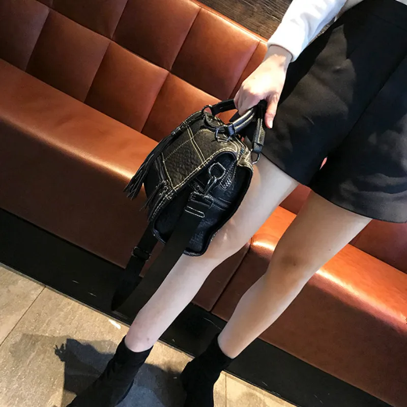 

Split Leather Over Shoulder Bags for Women Tassel Purses and Handbags Fashion Tote Sewing Black Crossbody Satchels