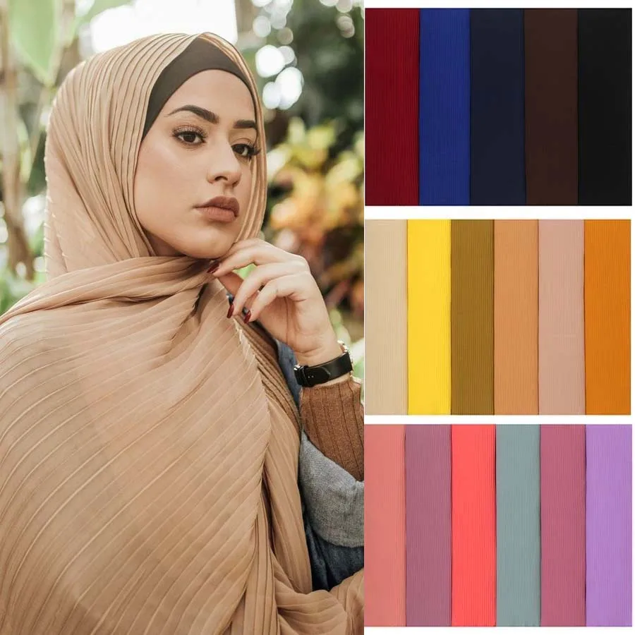 

Chiffon Jersey Hijab Scarf Pleat Design Solid Color Islamic Headscarf for Muslim Women Turban Summer Breathable Turkish Headwrap