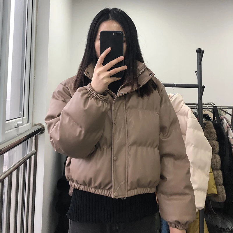 

2021 CP зимние плотные теплые короткие парки, женские модные черные пальто из искусственной кожи, женские элегантные хлопковые куртки на молни...