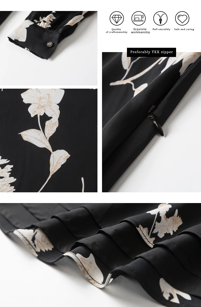 

2021 Spring New Fashion Casual Three Quarter Sleeve V Neck Vestidos Floral Print Black Dress for Woman