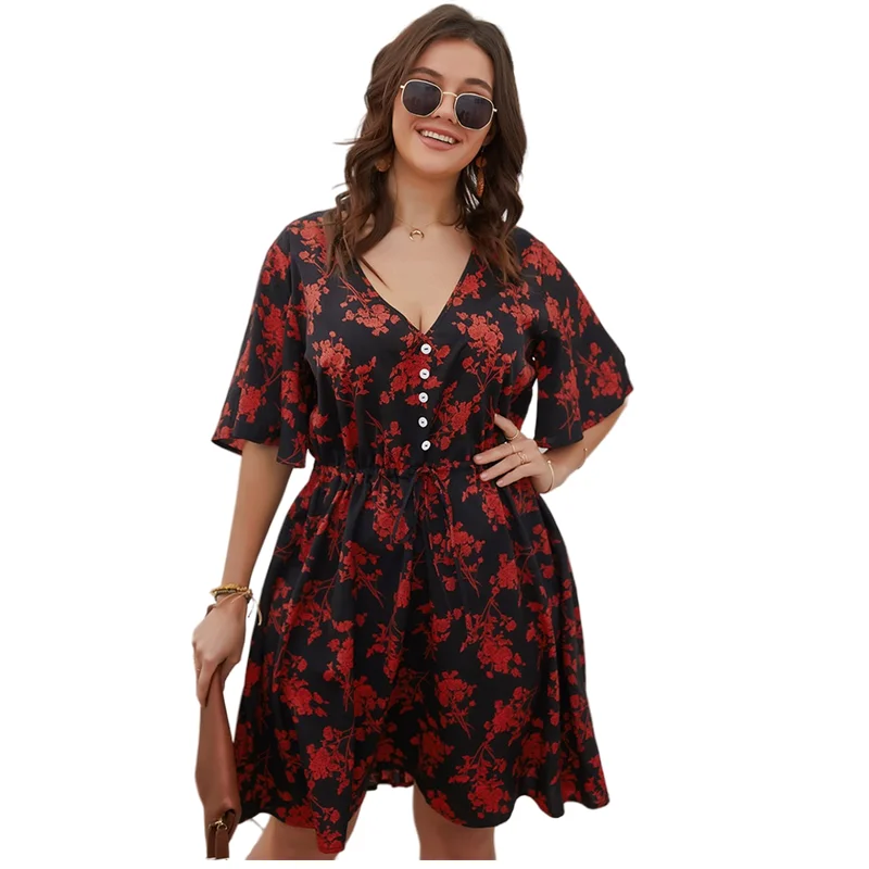 

Summer Women Plus Size A-Line Dress Fashion Short Sleeve Knee Length Pullover Print Female Casual V-Neck Oversized Dress