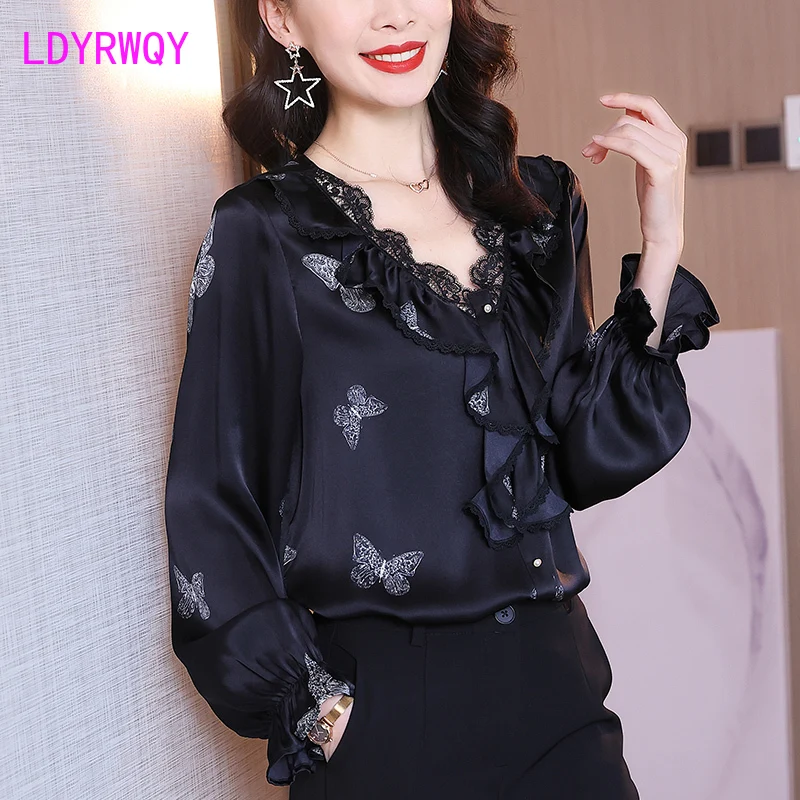 

LDYRWQY Silk blouse Spring 2021 new floundered V-neck blouse with mulberry silkworm print Office Lady shirt