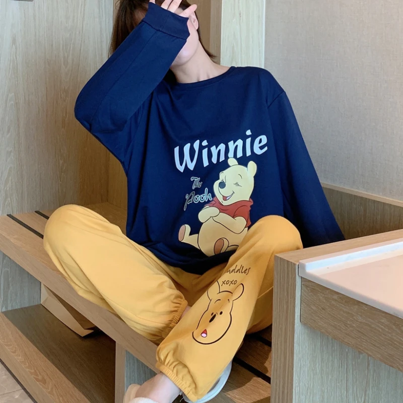 Disney Winnie the Pooh Cute Kawaii Pijama Mujer Blue Tops and Yellow Trouser Suits for Women Sleepwear Soft Women's Nightwear