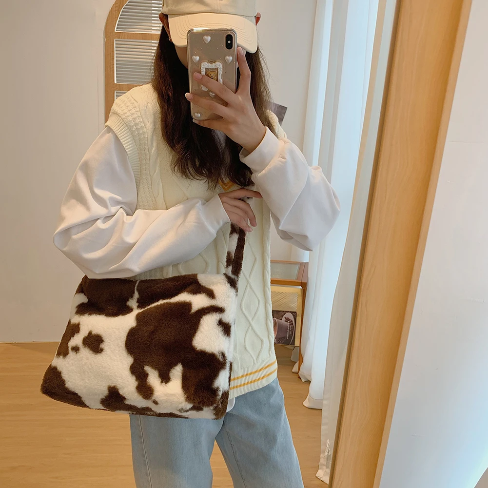 

Women Soft Warm Plush Zebra Leopard Pattern Handbags Lady Autumn Winter Large Capacity Crossbody Bag Fluffy Messenger Bags