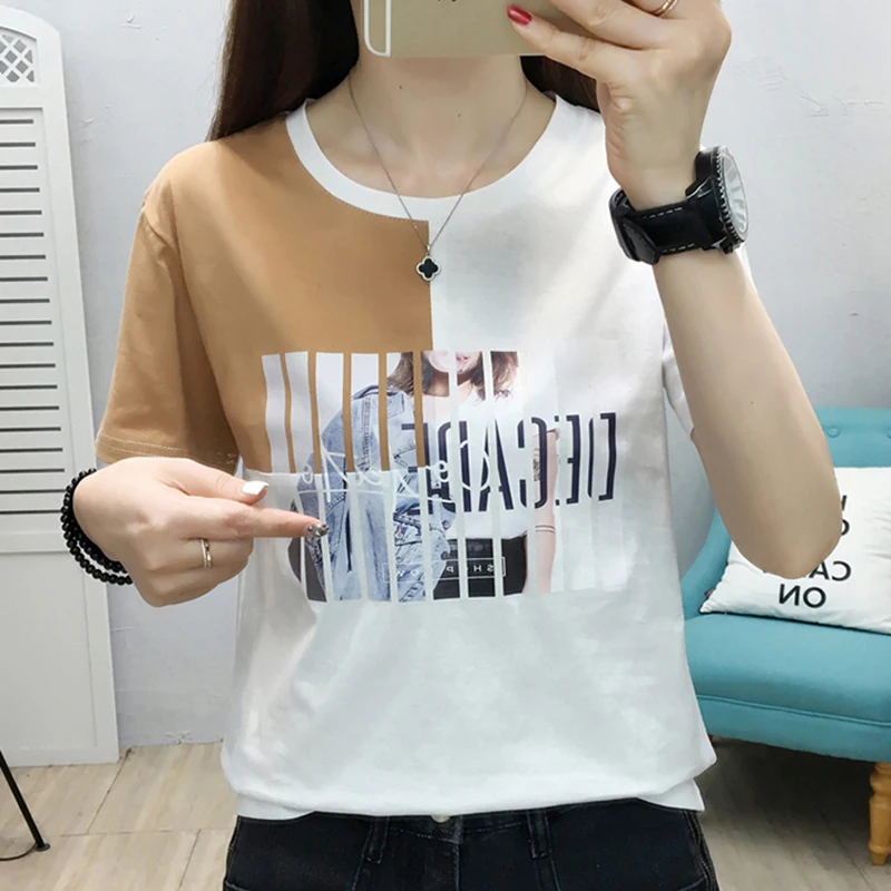 

LJSXLS Summer Cotton Short Sleeve Women's T-shirt Print O-Neck Top Women Korean Fashion Female Clothing Black Tee Shirt Femme