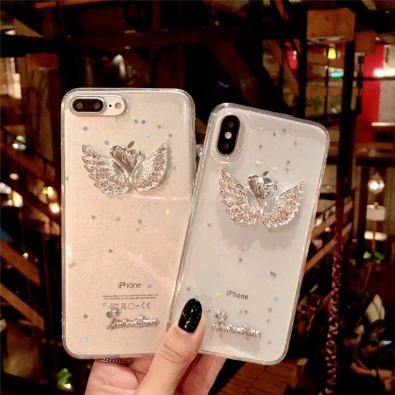 Мягкий чехол для телефона с блестящими стразами и лебедем iPhone 6 7 8 Plus X XR XS max 11 Pro Max
