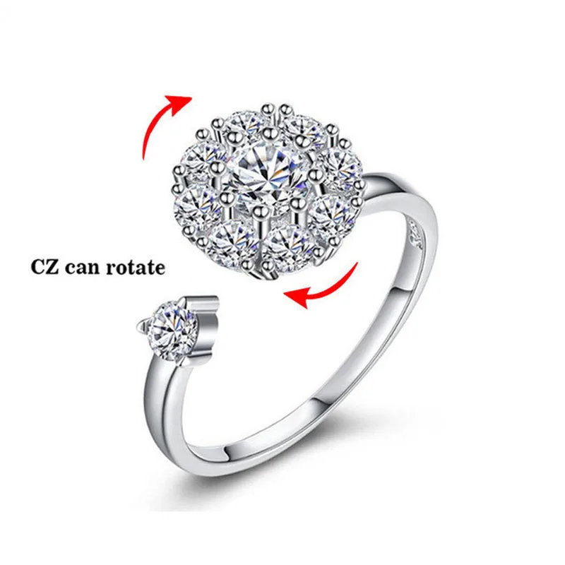 

925 Sterling Silver Trendy Dazzling CZ Rotate Opening Rings Engagement Wedding Rings For Women anillos anel Bague