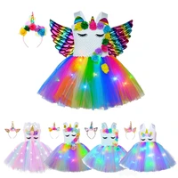 princess girls shiny unicorn tutu dress children cartoon with led glowing dresses wings headband stage costume for girl party