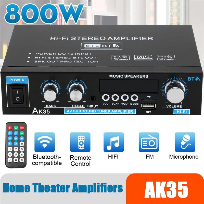 

AK35 800W Home Car Amplifiers 2 Channel Blue-tooth 5.0 Surround Sound FM USB Remote Control Mini HIFI Digital Amplifier Stereo