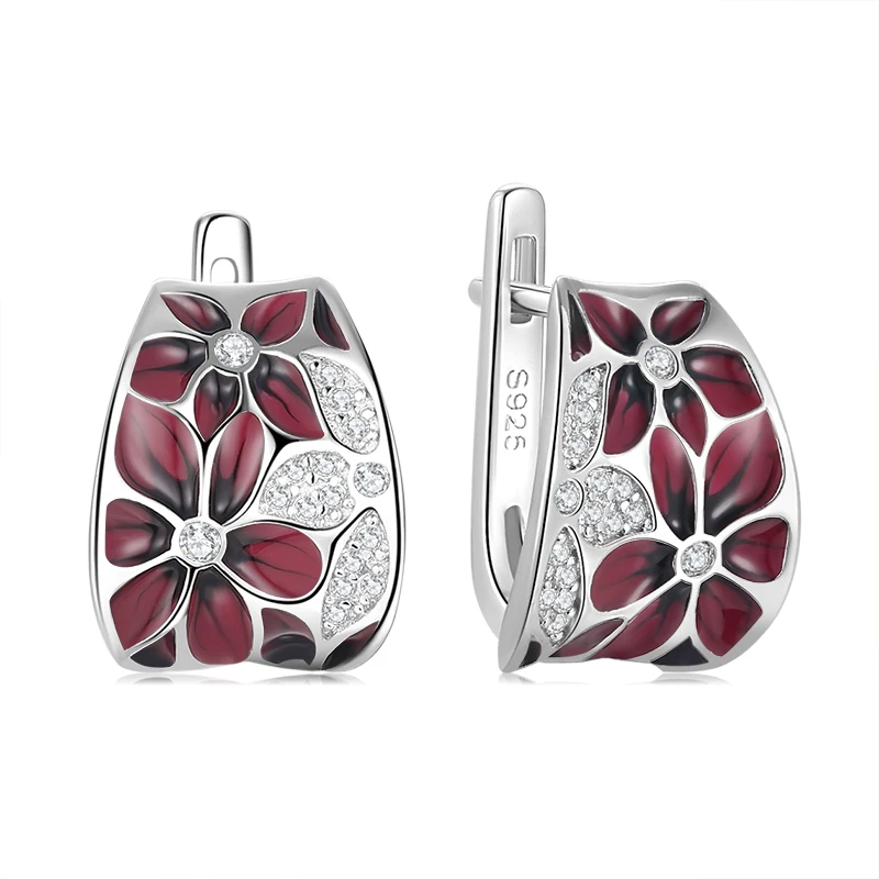 

KATAOKA Blooming Rose Red Flower Earrings for Women 925 Silver Cubic Zirconia Earring Party Wedding Gifts Enamel Jewelry Brincos