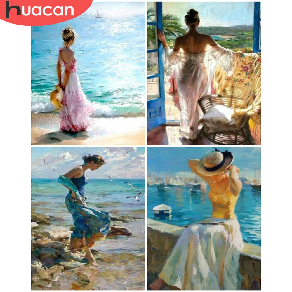 

HUACAN Paint By Number Frame Woman Drawing On Canvas Oil Painting By Numbers Seaside Landscape Handpainted Wall Art