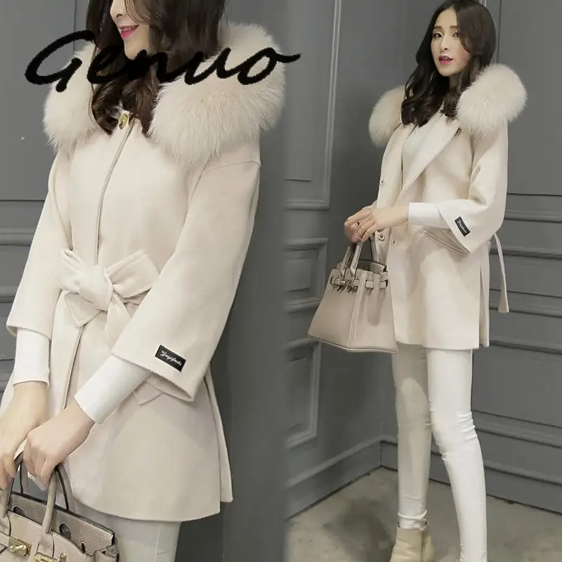 Женское шерстяное пальто с капюшоном из искусственного лисьего меха 2019 | Женская