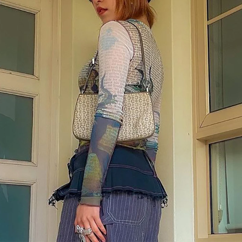 Женский тонкий укороченный топ Y2K с буквенным принтом облегающая Базовая рубашка