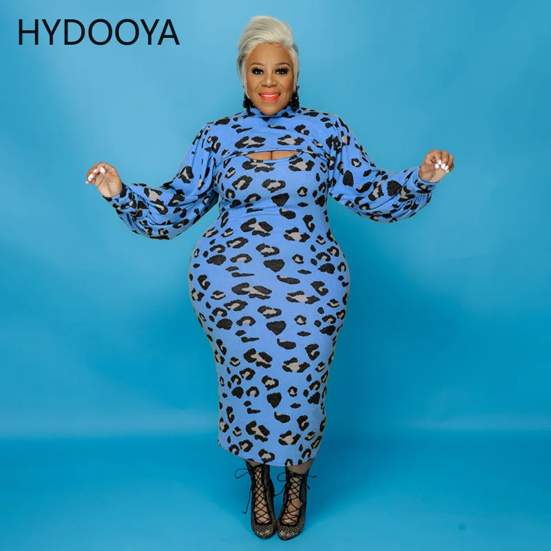 Plus Size Hollow 2 Piece Set Women Clothing Leopard Print Long Sleeve Crop Top+Camisole Bodycon Dresses Dropshipping Wholesale