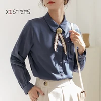 professional chiffon shirts women 2021 spring long sleeve ribbon collar cute bouses female office work wear tops korean clothing