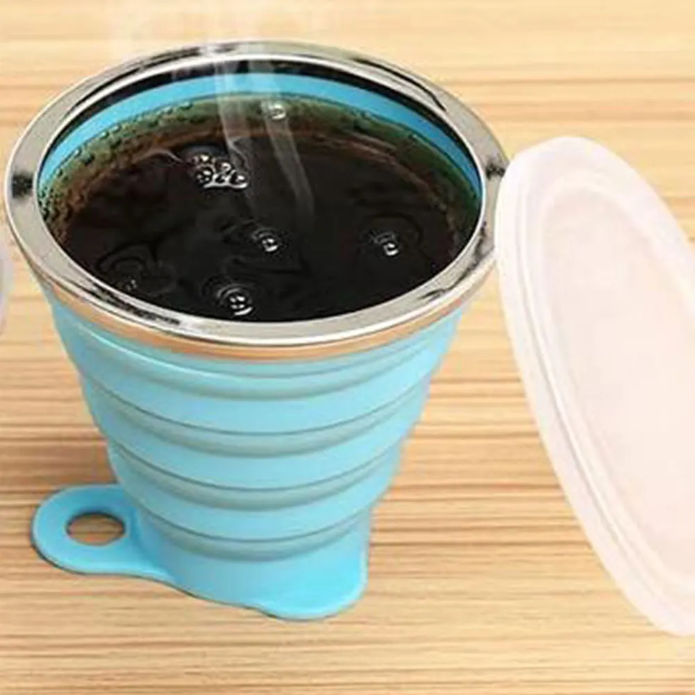 

270ml Silicone Collapsible Travel Cup Outdoor Portable Folding Camping Cups With Lids Lanyard Expandable Drinking Copa BPA Free