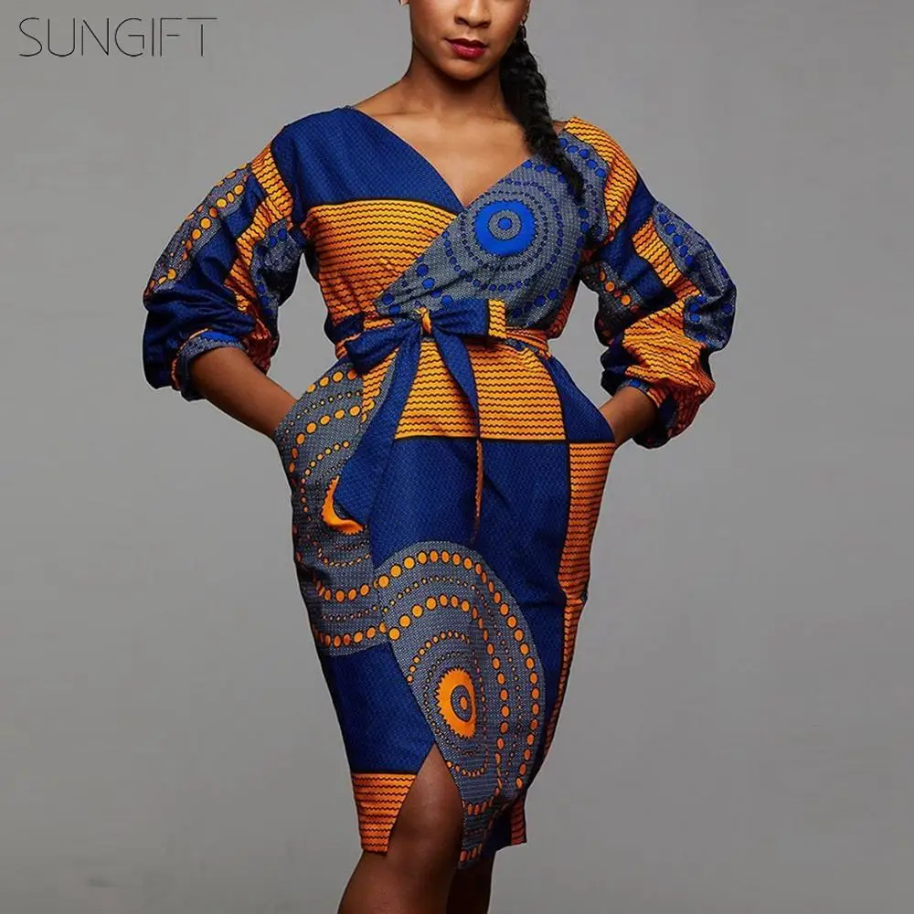 SUNGIFT Африканское платье для женщин Дашики Африканский принт Анкара контрастная