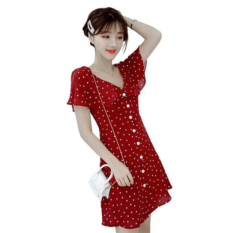 

2021 summer new Korean version of v-neck ruffled wave dot dress slim chiffon shirt skirt
