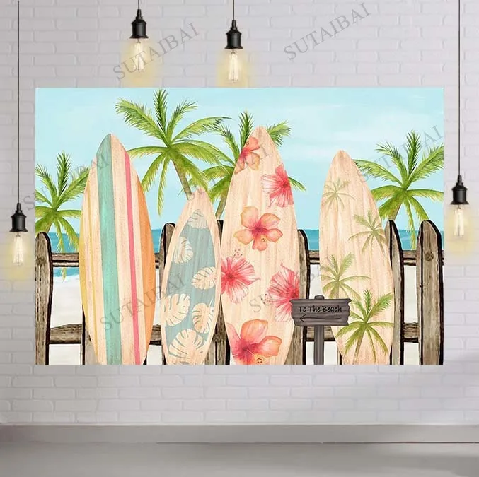 

Summer Tropical Surf Backdrop Sand Beach Surfboard Background for Photography Hawaii Birthday Party Decor Event Banner