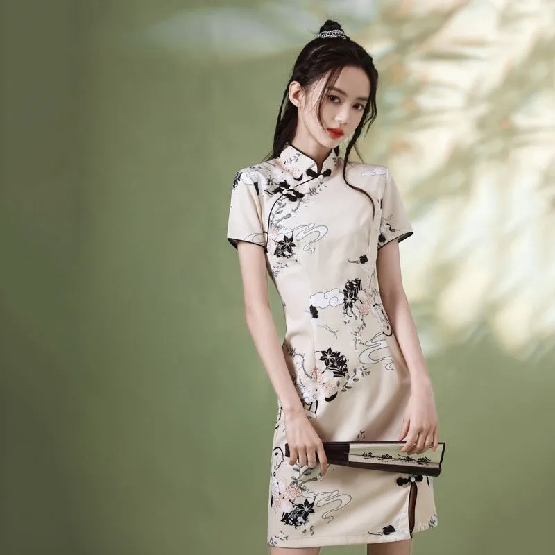 Винтажное платье-Ципао с цветочным принтом женское традиционное китайское