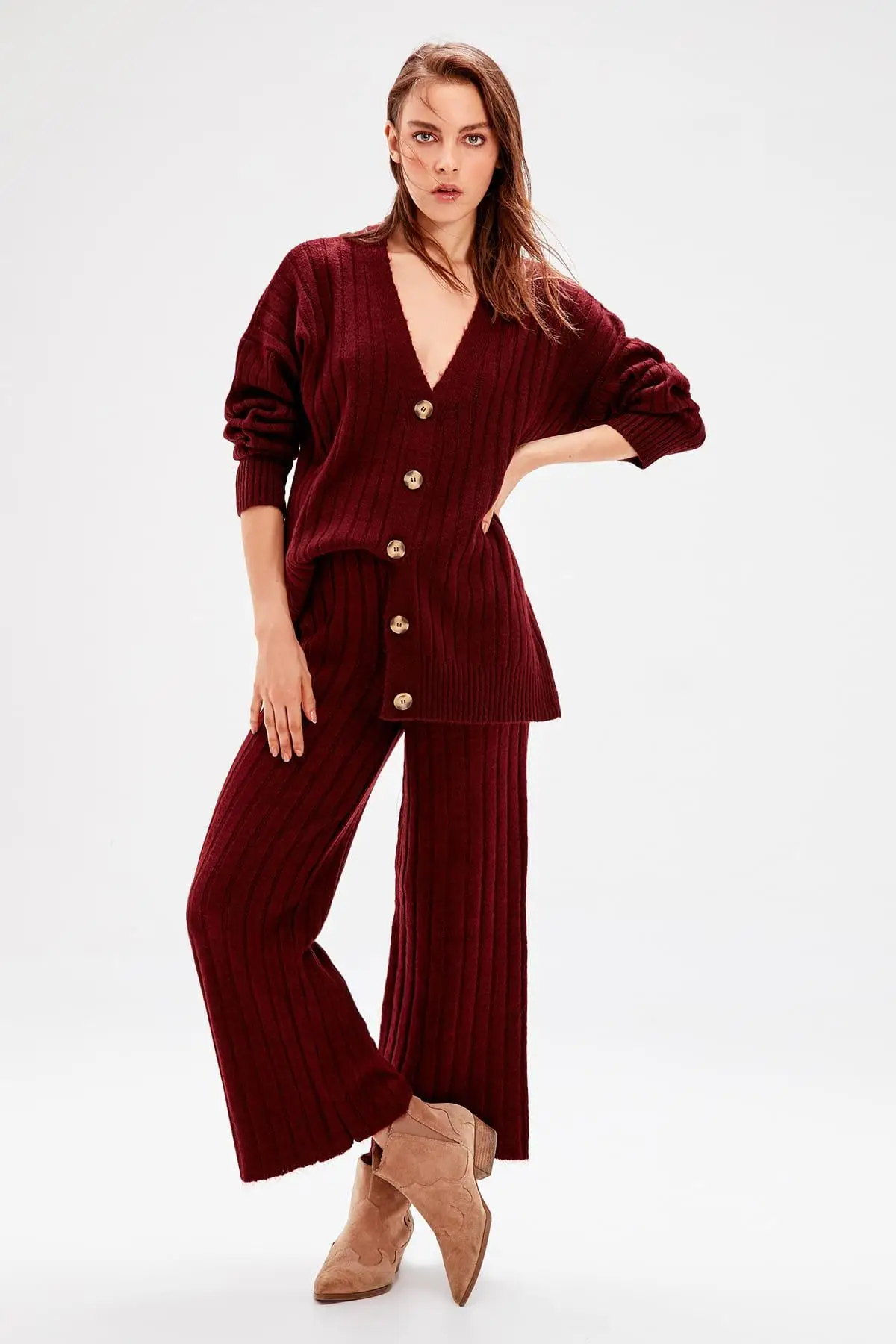 Trendyol бордовый ребристый свитер брюки TWOAW20ZA0036