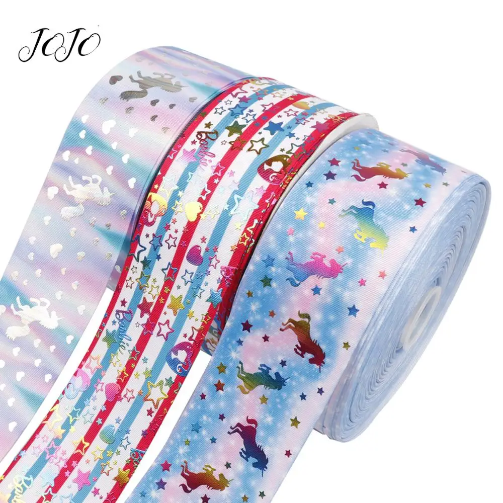 

JOJO BOWS 75mm 2y Grosgrain Ribbon Printed Bronzing Unicorn Heart Star Stripe Webbing Materials For Sewing DIY Hair Bows Decor