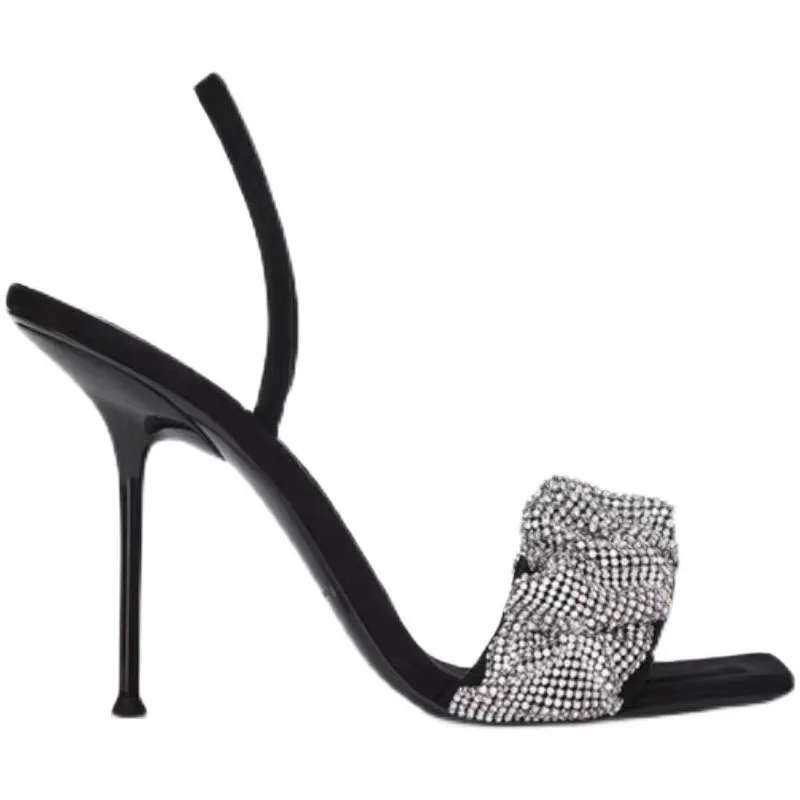 

Beige Heeled Sandals Large Size Velvet Shoes 2021 Women's Square Toe Black Big Suede New Girls Summer Rhinestone Fashion Comfor