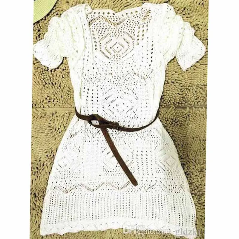

New Sexy Lace Hollow Knit Beach Dress Swimwear Crochet Beach Mini Dress Round Neck White Women Dress