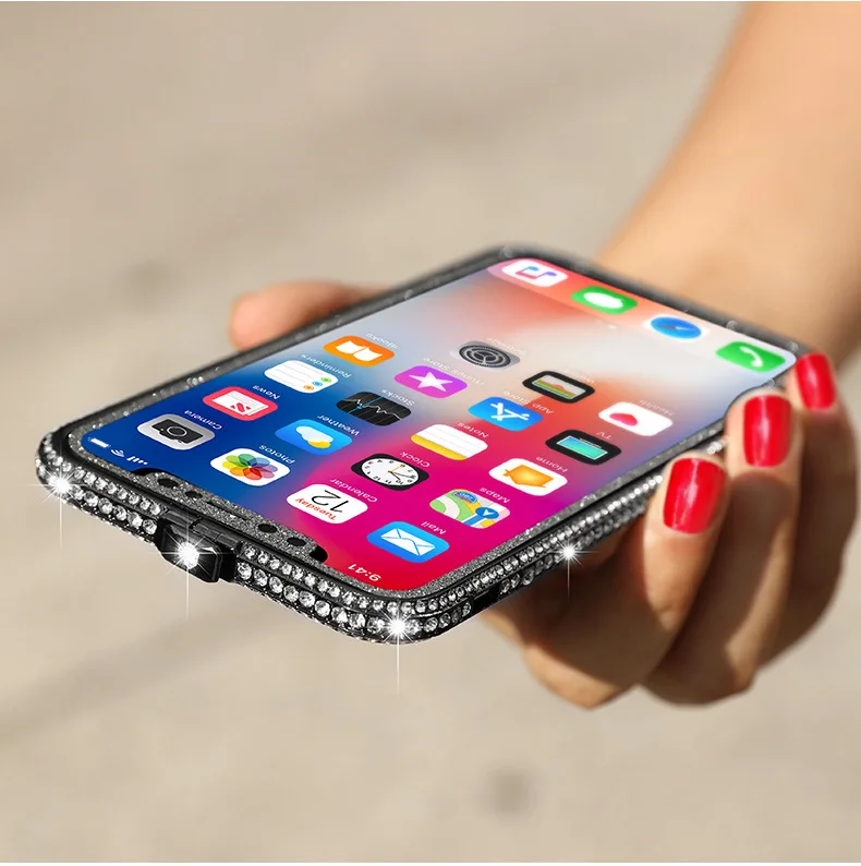 Блестящие стразы с алюминиевой рамкой для iPhone X XS Max XR 8 7 6 6S Plus чехол-бампер с алмазами с задней передней пленкой
